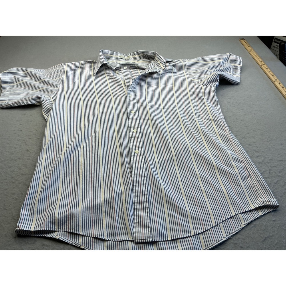 Bill Blass Vintage Button Down Shirt Striped Short Sleeve Size 17 Preppy Blue